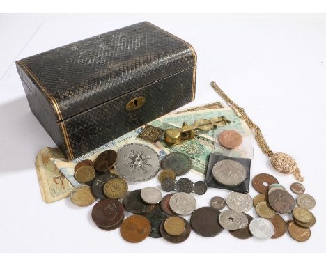 Collection of coins, to include George III penny, foreign coins, a Victoria silver coin brooch, banknotes, and a Sovereign/ha