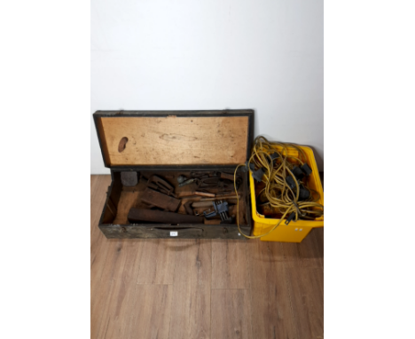 A VINTAGE TOOL BOX AND TOOLS TOGETHER WITH A TRANSFORMER