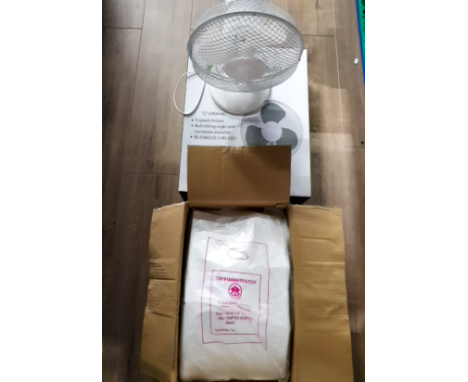 2 ELECTRIC FANS 1 STILL BOXED AND A BOX OF PLAIN WHITE PATCH HANDLE CARRIERS