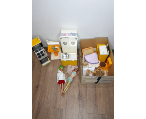TWO DOLLS AND A BOX OF VINTAGE CINDY DOLLS HOUSE FURNITURE