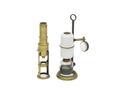 A Drum Microscope and Bench Illuminant, English, Late 19th century,the microscope with six objectives in mahogany case, the l