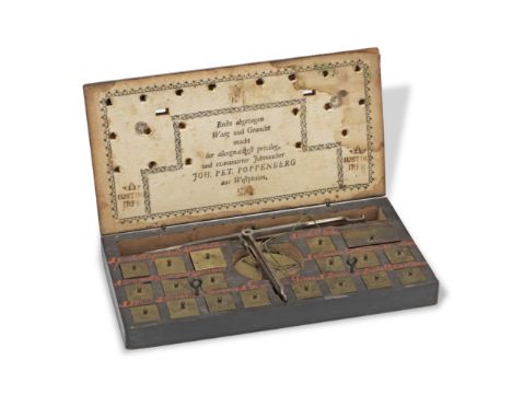 A Cased Set of Coin Scales  18th century,fitted with beam scale, steel beam scale, brass pans, complete set of weights, with 