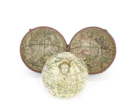 A John Newton 2 ½-inch pocket globe in case,  English,  circa 1790,the cartouche printed A NEW Terrestrial GLOBE by J Newton 