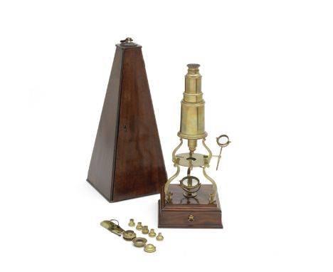 A Culpeper-type Compound Monocular Microscope, English, circa 1820,of standard Culpeper design, focusing by draw tube, tripod
