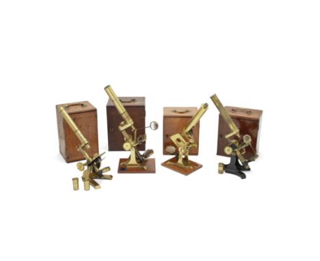 Four Compound Monocular Microscopes, English, Late 19th century,one signed F. COX  100 Newgate Street London, each in mahogan