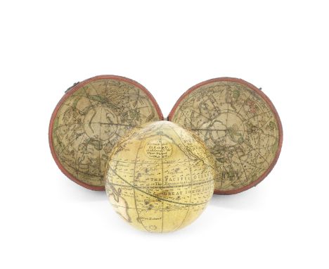 A George Adams 2 ½-inch pocket globe in case,  English, circa 1770,the cartouche printed A Terrestrial GLOBE G: Adams No.60, 