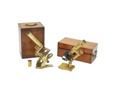 Two Compound Monocular Microscopes, Late 19th century,one with solid brass foot, in fitted case with two oculars and two obje