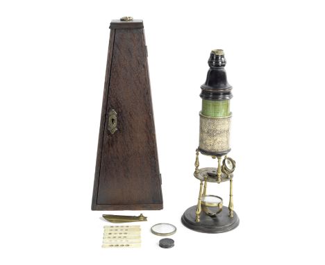 An Edmund Culpeper Compound Monocular Microscope, English, circa 1730,with ebonised and turned wood ocular support, green lea