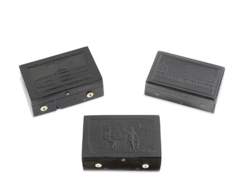 Three Small Musical Snuff Boxes, Swiss, mid 19th century,each in Bois Durci moulded cases, with horn cover to movement, one w