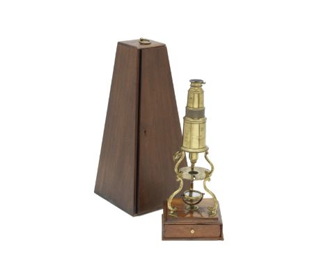 A Culpeper-type Compound Monocular Microscope, English, Early 19th century,of standard Culpeper format, on mahogany base, wit