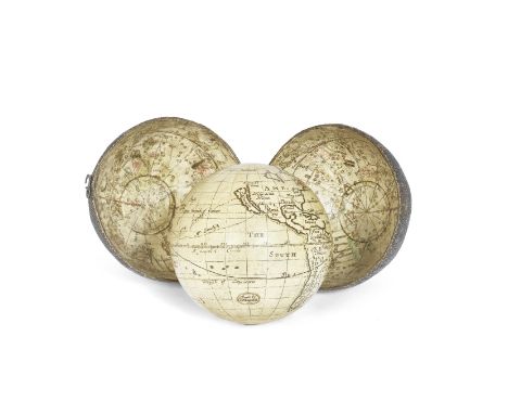 A very rare Joseph Moxon 2 ¾-inch pocket globe, English, circa 1675,the terrestrial cartouche printed Made by J Moxon; the ce