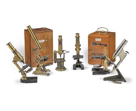 A Collection of Six Monocular Microscopes, late 19th and early 20th century,including one by Nachet, another by Beck, on sign