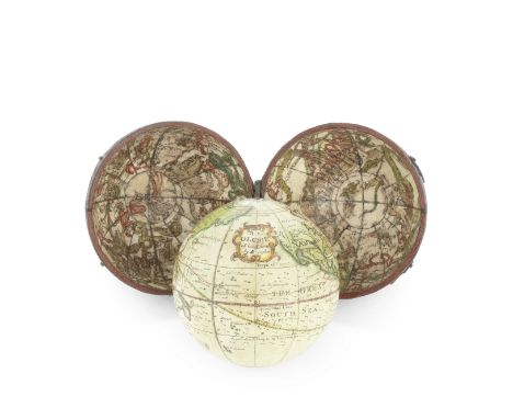 A Richard/Leonard Cushee 2 ¾-inch pocket globe in case,  English, circa 1750,signed in a cartouche, A New GLOBE of the Earth 