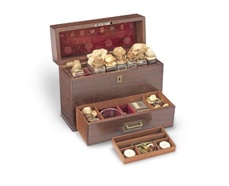 A Mahogany Apothecary Chest, English, mid 19th century,with recessed brass carrying handle to the lid, the hinged lid lined a