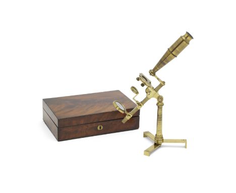 An R.B. Bate Compound Monocular Microscope, English, circa 1830,with rack and pinion focusing, on folding tripod base, in fit