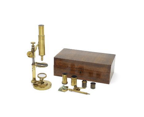 A Simon Plossl Compound Monocular Microscope, Austrian, Mid 19th century,signed Plossl in Wien, with supporting triangular co