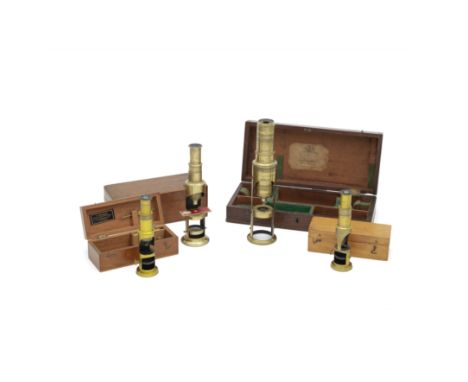 Four Compound Monocular Microscopes, English, second half 19th century,each of drum format with draw tube focusing, each case