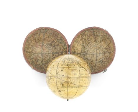 A Richard Cushee 2 ¾-inch pocket globe, published 1731 English,  circa 1731,the cartouche printed A New Globe of the Earth. R