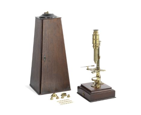 A Cuff-type Compound Monocular Microscope, English, Early 19th century,of standard Cuff design, on mahogany base with drawer 