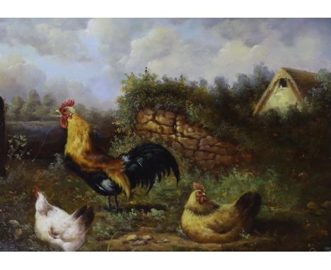 G. Metsu, oil on panel, Chickens in a landscape, signed, 17 x 22cm