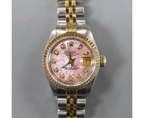 A lady's 2015 steel and gold Rolex Oyster Perpetual Datejust wrist watch, with pink mother of pearl dial and diamond set mark