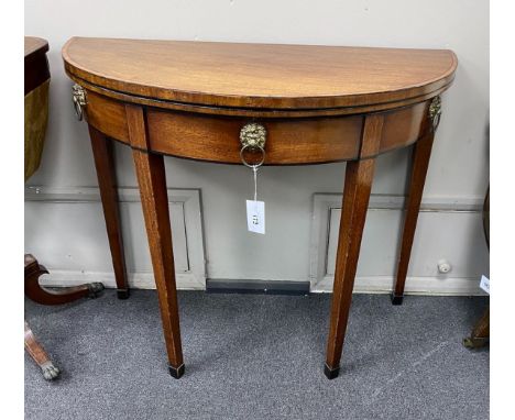 A George III and later banded mahogany demi lune folding card table, width 91cm, depth 45cm, height 76cm