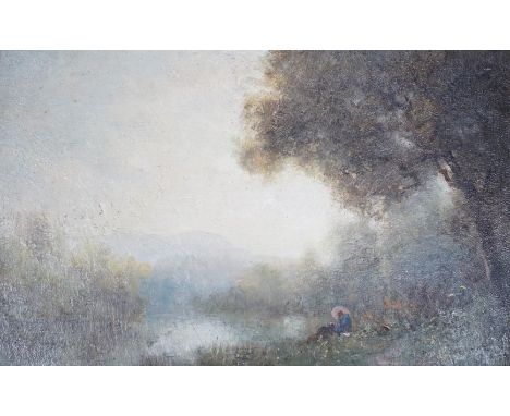 Robert Crannell Minor (American, 1839-1904), oil on panel, Ethereal river landscape, signed, 15 x 23cm