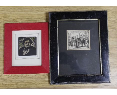 William Nicholson, wood engraving, Portrait of Dumas, 7.5 x 7cm and and 18th century engraving, 7 x 8cm