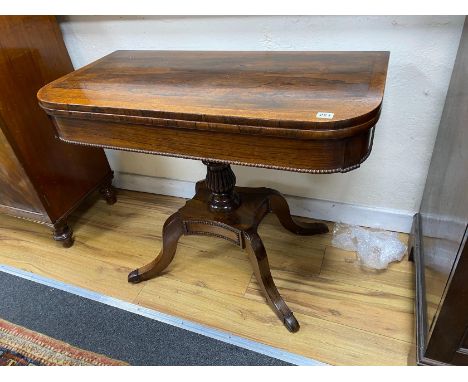 A Regency amboyna banded rosewood D shape folding card table, width 92cm, depth 46cm, height 72cm