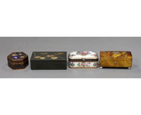 A Victorian tortoiseshell snuff box, porcelain box, enamel box and green lacquer box, largest lacquer box: 8cms high
