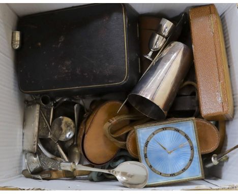 A George V silver capstan inkwell and a cased silver hair brush, two leather cased plate mounted glass flasks and tumbler set