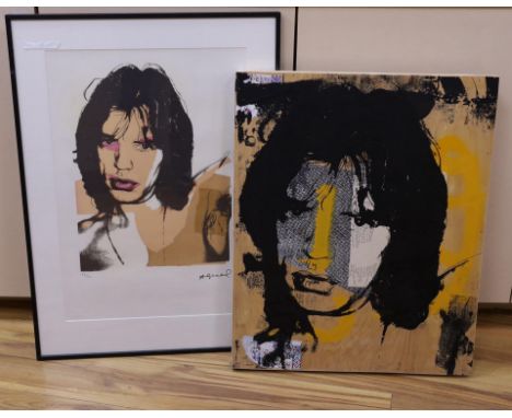 Andy Warhol, limited edition print, ‘’Mick Jagger 141’’, signed in the plate, 88/100, 55 x 38cm, and a mixed media panel depi