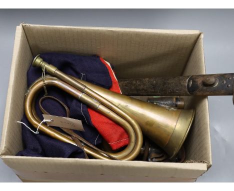 Militaria: bayonet, miscellaneous dials, bugle, etc.