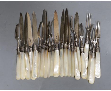 Eleven pairs of late Victorian mother of pearl handled silver dessert eaters, Mappin &amp; Webb, Sheffield, 1894.