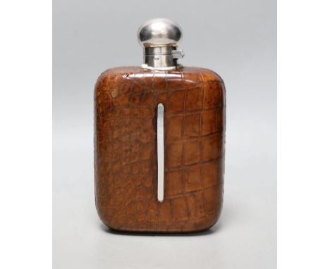 James Dixon &amp; Sons silver plate - mounted and crocodile skin hip flask (a.f.)