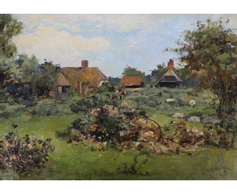 E. Matthew Hale (1852-1924), oil on wooden panel, Farm scene, signed and dated 1888, 30 x 46cm, unframed
