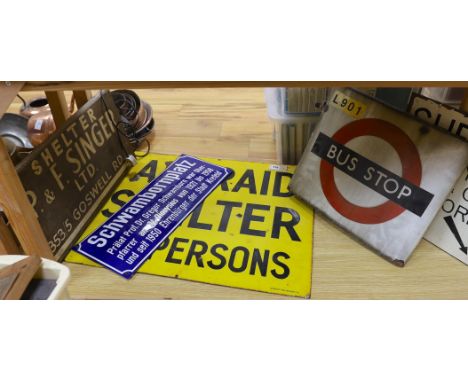 An Air Raid Shelter enamel sign, 61 x 77cm, and four other signs