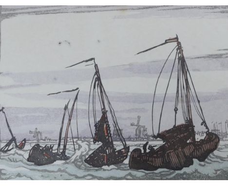 Yoshijiro Urushibara (1888-1953), woodblock print, Dutch barges off the coast, signed in the plate, 17 x 21cm