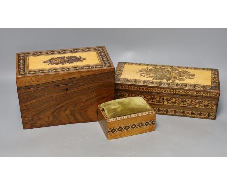 A selection of three Tunbridge ware boxes, to include a rosewood tea caddy, an unusual olivewood fall front glove box and a c