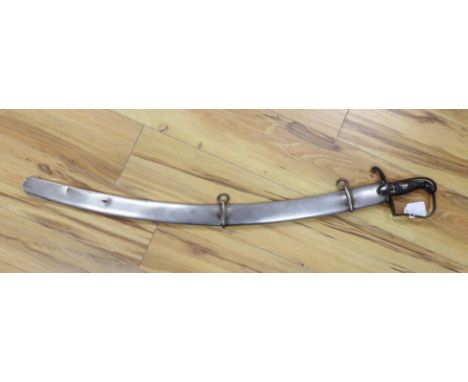 A British pattern 1796 light cavalry sabre, ‘W.S.R.’ engraved to hilt and ‘Bats’? to spine, with steel scabbard. 99cm total l