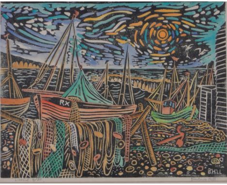 Barbara Hill,Colour lino-cut print, Hastings fishing boats, signed in pencil No. 4 / 50, i 9.5" x 12" framed