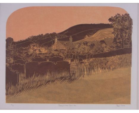 Robert Tavener,Colour lino-cut print, Church & Downs, Glynde Sussex, signed in pencil, 23 / 30, i 16" x 20.5" framed