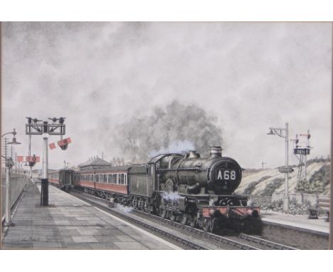 Sean Bolan,Ink / watercolour, G W R Castle Class locomotive at Kingham station, signed & dated 1977,16" x 23" framed