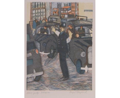 Rupert Shephard (1900-1992),Colour lino-cut print, Policeman, signed in pencil, Artist's Proof i 12" x 9" framed