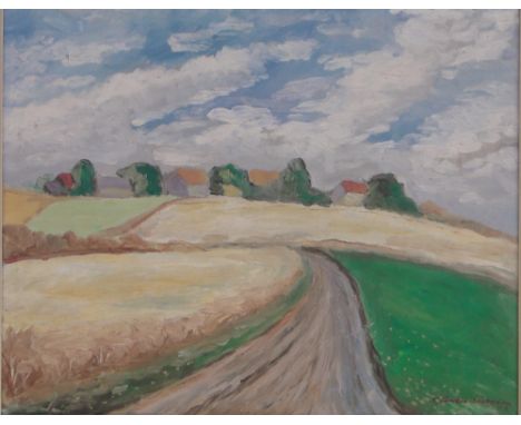 K Anker-Sorensen,Oil on canvas, continental farm landscape, signed & dated '43, 18.5" x 23" framed