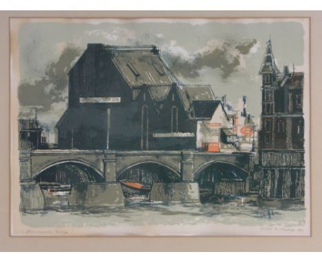 Victor Ambras,Colour lino-cut print, Wandsworth Bridge, signed in pencil, dated 1960, i 17" x 23" framed