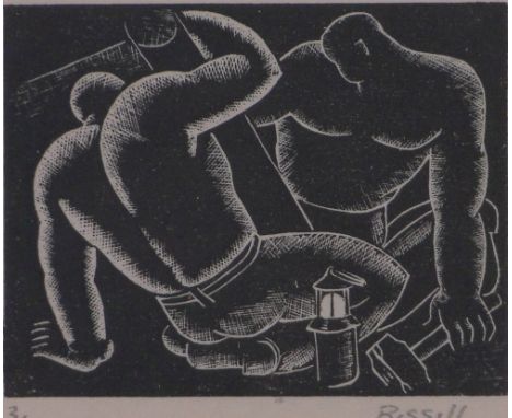 George Bissill (1896-1973),Woodcut print, coal miners, signed in pencil, No. 3 / 20, i 2.75" x 3.5" framed