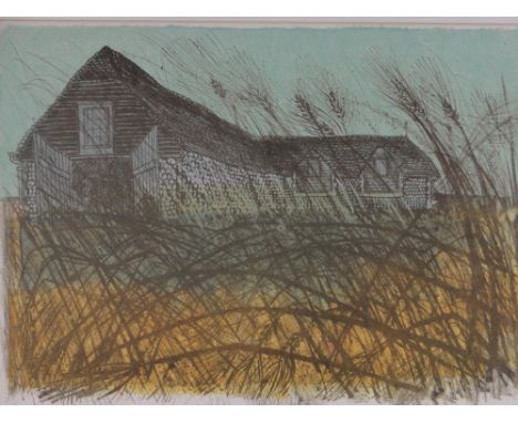 Robert Tavener,Colour lino-cut print, Tithe Barn & Grasses, signed in pencil, Artist's Proof i 16" x 22" framed