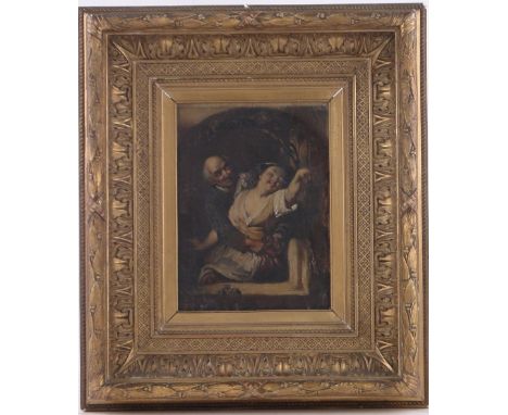 K Michaelis,19th century oil on canvas, an amorous couple, inscribed on stretcher with Russian framing label, 10" x 8" framed