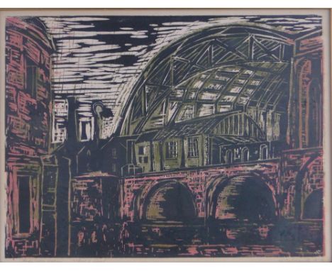 Kathe Strenitz (born 1923),Colour lino-cut print, Kings Cross Station, Artist's Proof signed & dated 1970, i 18" x 24" framed